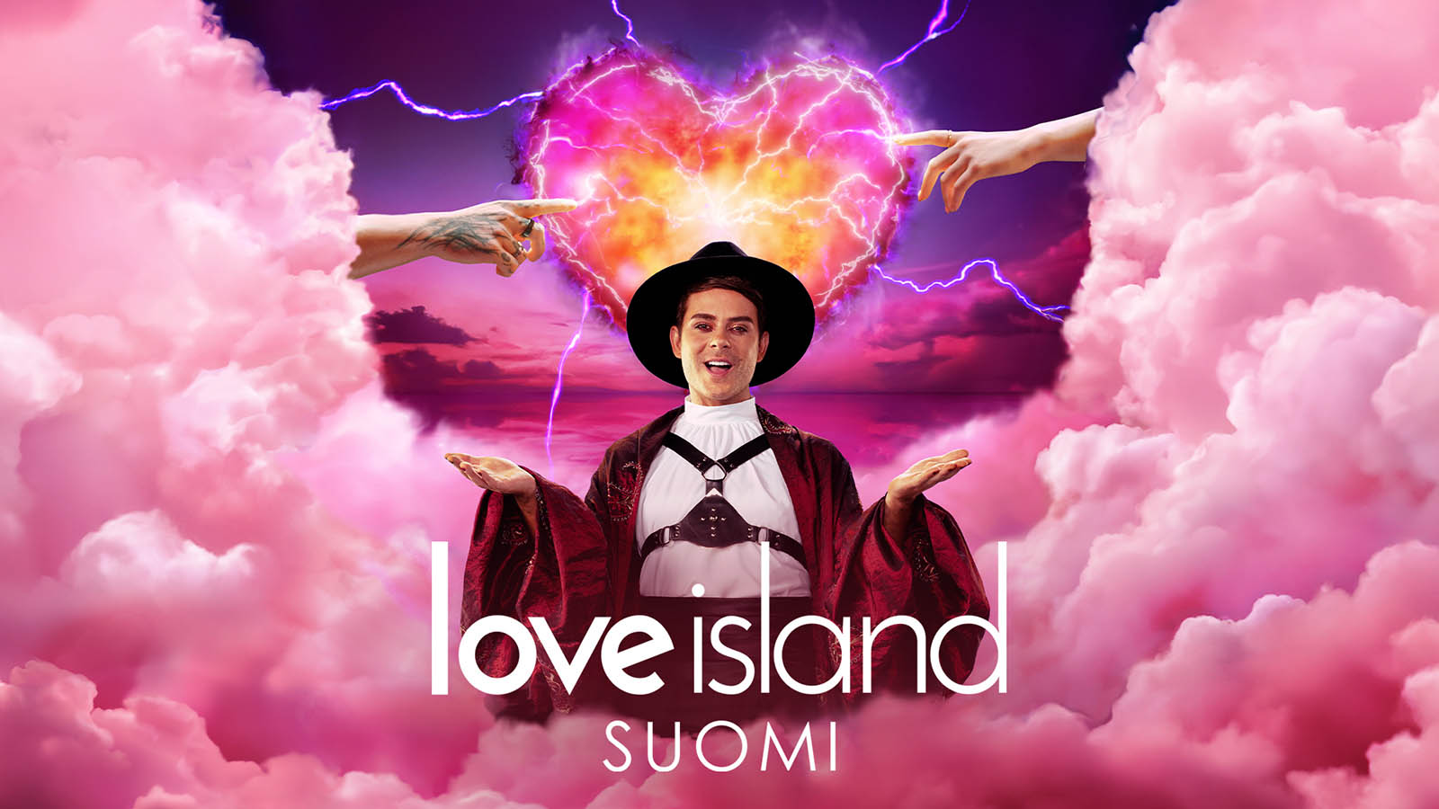 Wizard-ish guy (Niko Saarinen) in the sky with pink clouds and a glowing heart in the background