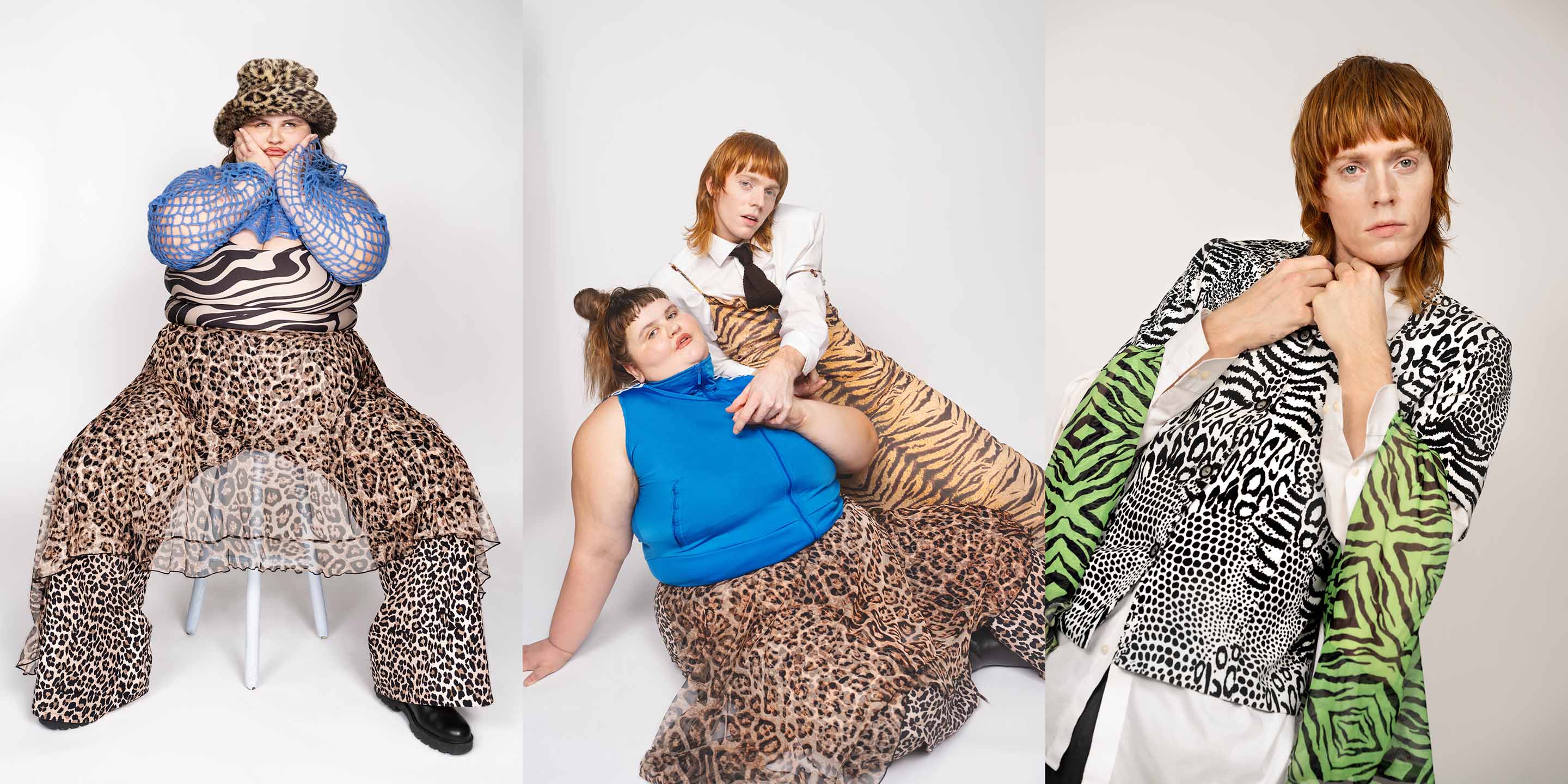 Two persons dressed in clothes with animal patterns